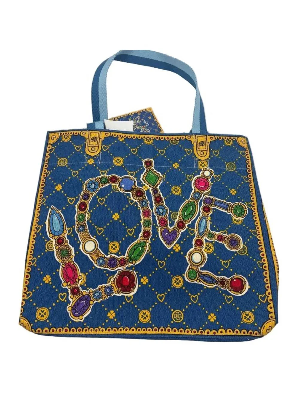 NWT BRIGHTON Blue Red & Cream Jewelled Canvas GLITTERING LOVE TOTE Bag Purse